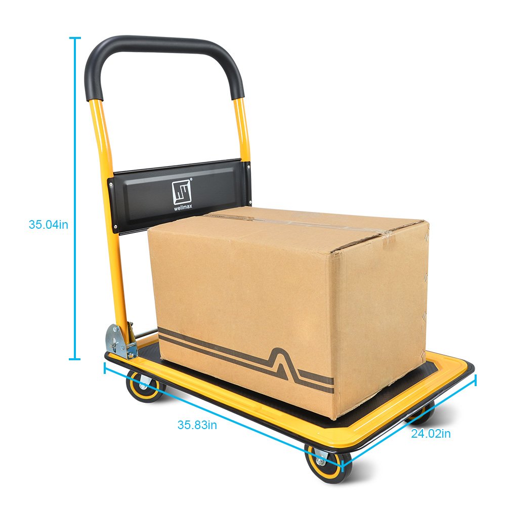 Push Cart Dolly by Wellmax | Functional Moving Platform + Hand Truck | Foldable for Easy Storage + 360-degree Swivel Wheels + 660lb Weight Capacity | Yellow Colour