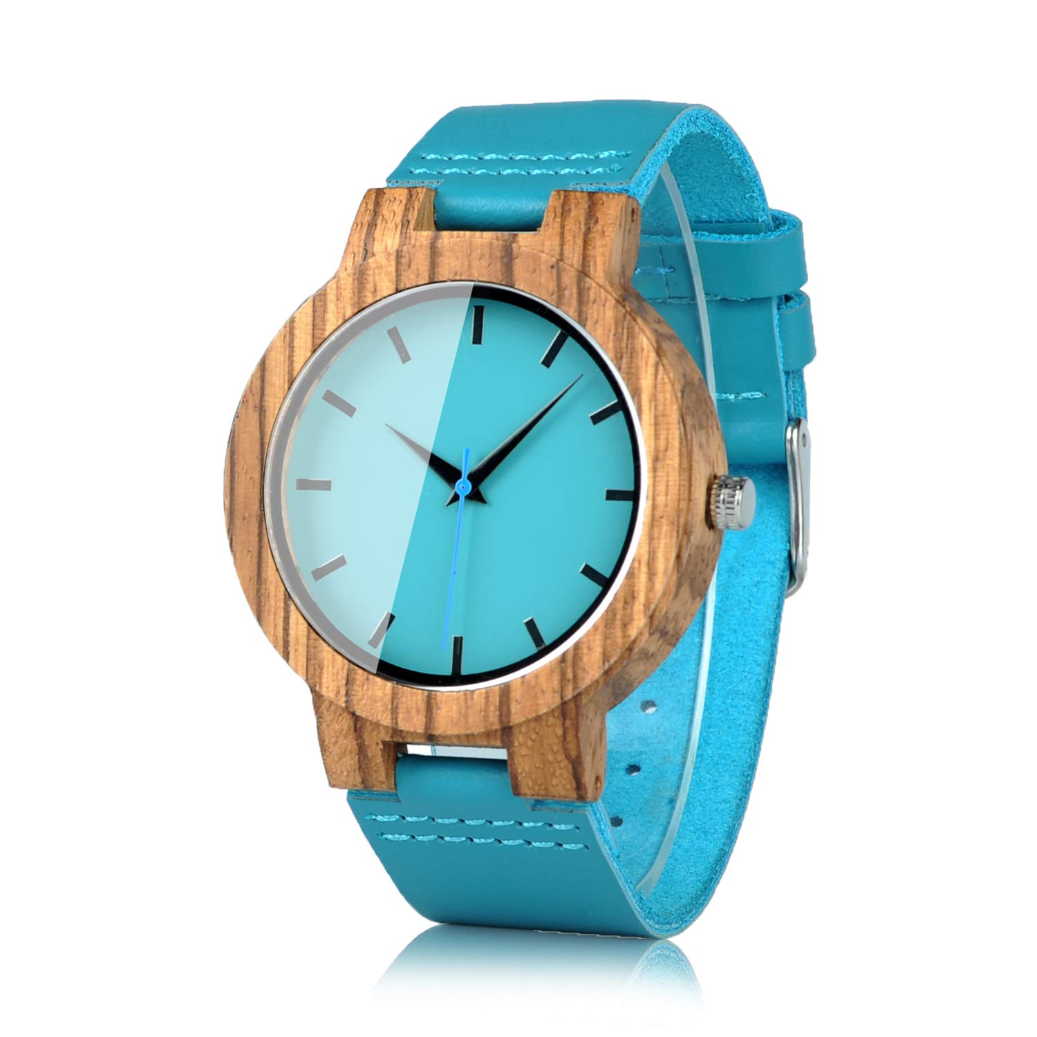 BOBO BIRD Men's Bamboo Wooden Watch with Blue Cowhide Leather Strap Casual Watches for Groomsmen Gift with Box (Blue)