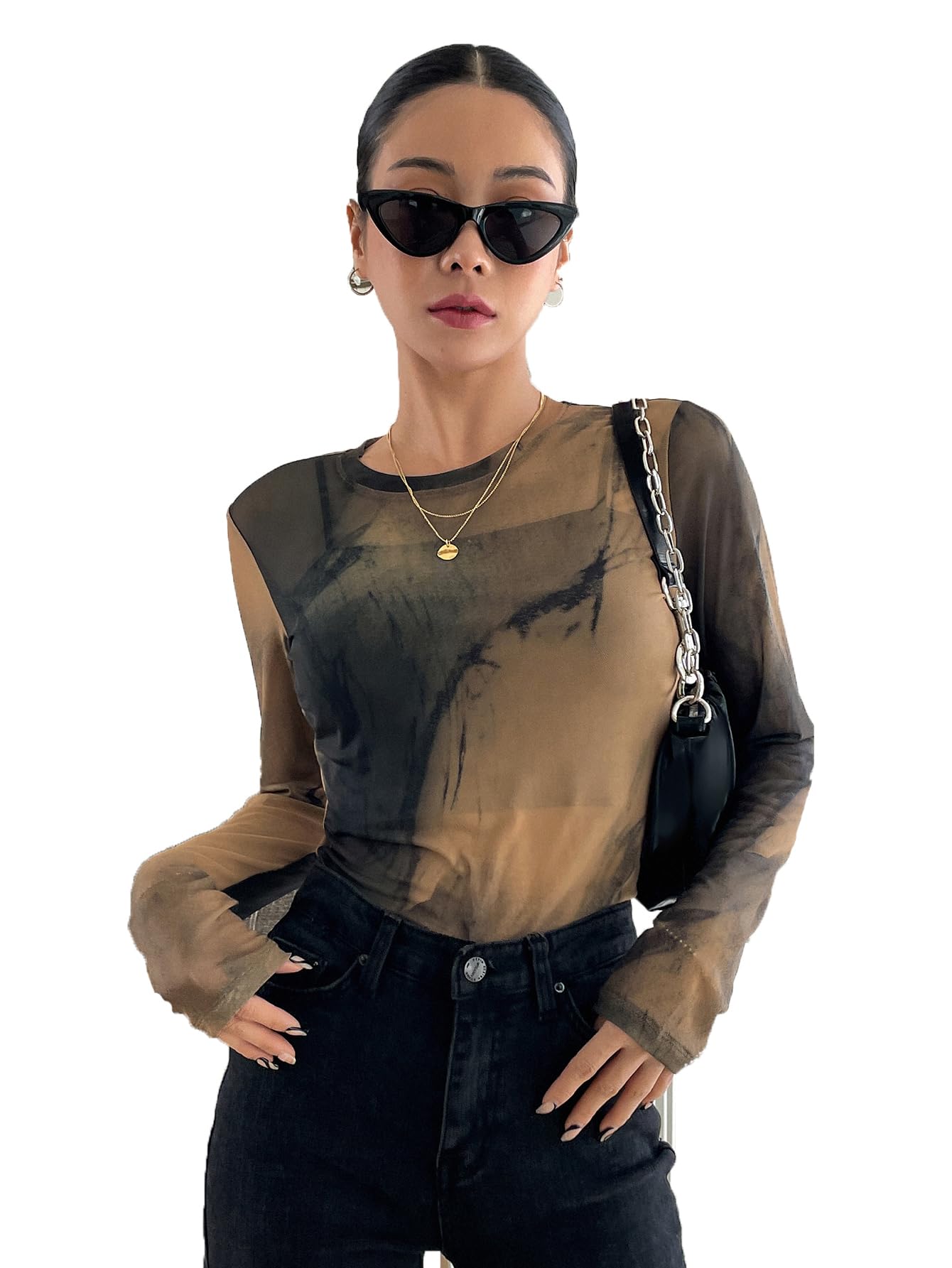 Photo 1 of Milumia Women's Tie Dye Mock Neck Tee Sheer Long Sleeve Fitted Tops Khaki and Black Medium
