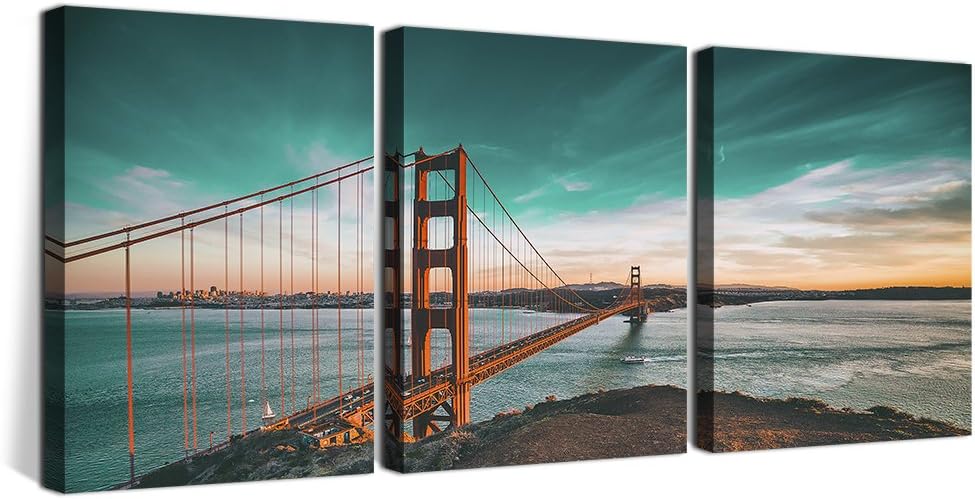 OKAYPAINTING-Golden Gate Briage Printed Canvas Art Modern Home Decor Office Paintings Landscape Giclee Artwork Print Canvas Wall Decor 12X16inch Set of 3