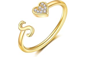 WFYOU Heart Initial Ring for Women Teen Girls Silver Rose Gold Plated Heart Capital Letter Initial Rings Stackable Rings for Women Girls Adjustable Heart Alphabet Letter Rings Jewelry Gifts for Women
