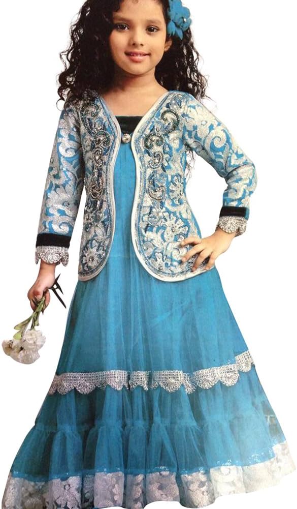 Vasundhara Girl's Partywear Blue Long Gown/Frock for Girl's, Indian Clothing