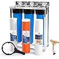 Aquaboon 3-Stage Whole House Water Filter System 20x4.5 inch with Prefilter & KDF, Sediment, Carbon Filters, Gauge & Release, Wrench, Freestanding Steel Frame