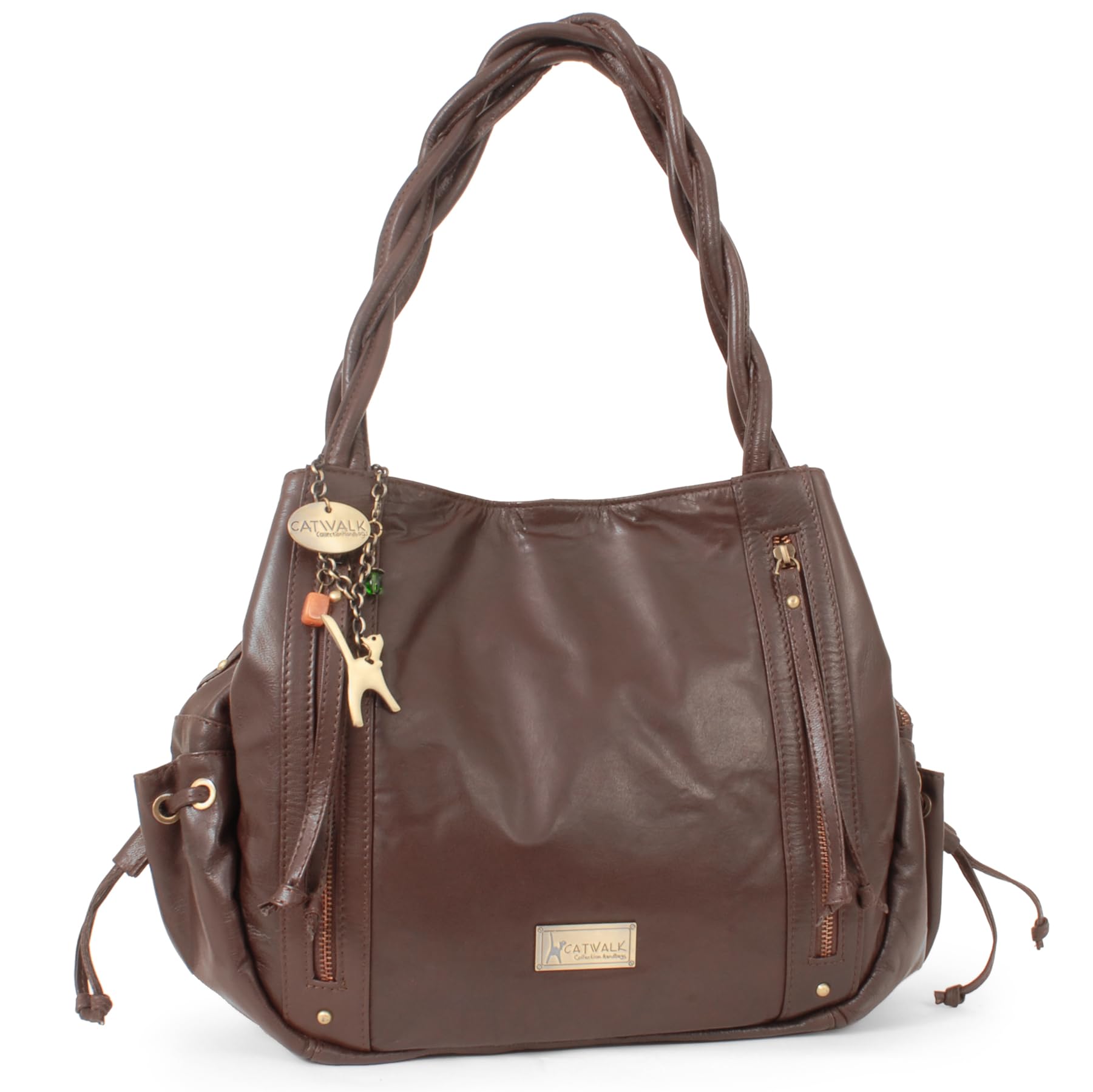 Catwalk Collection Handbags - Women's Large Leather Hobo Shoulder Bag - Tote Bag With Zip - Handbag With Multiple Compartments - Caz - Dark Brown