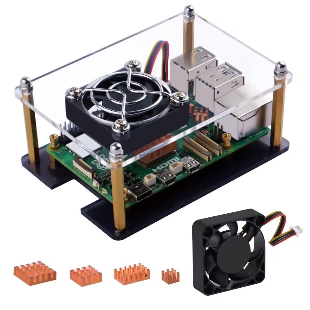GeeekPi Acrylic Case with 4pin Cooling Fan and 4pcs Pure Copper Heatsinks for Raspberry Pi 5