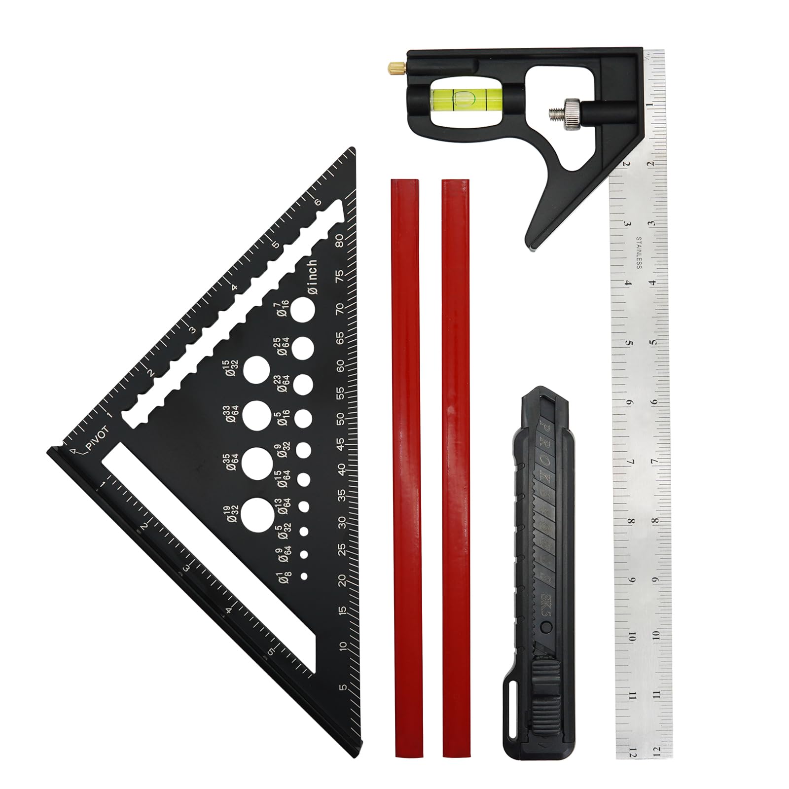 MANUFORE 7in Carpenter Square and 12in/30cm combination square set with 2pcs Carpenter Pencil