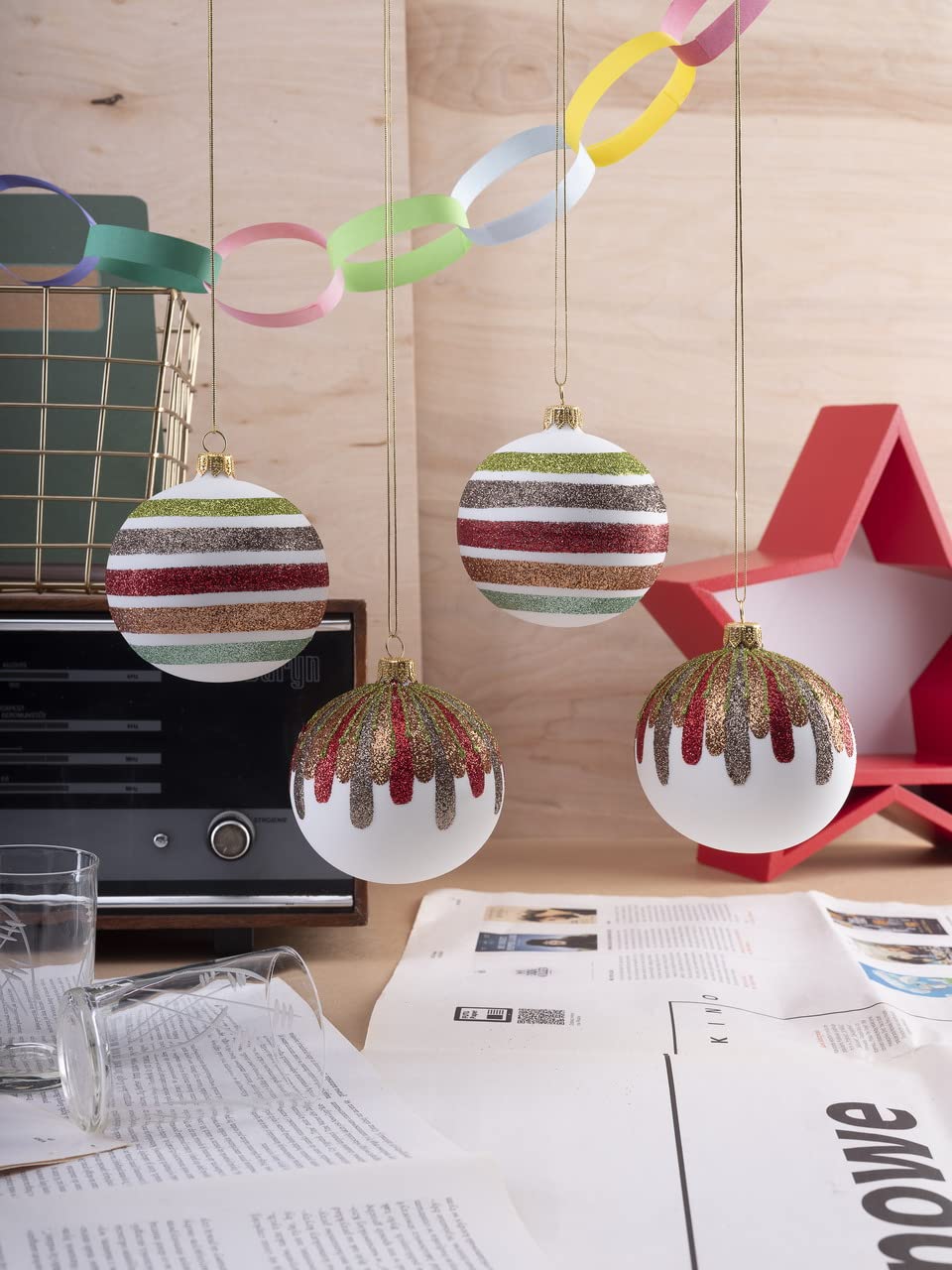 4 Glass Christmas Baubles with Striped Pattern