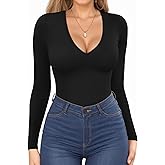 EKOUAER Deep V Neck Shirts for Women Long Sleeve Thermal Tops Slim Fit Lightweight Undershirts Soft Low Cut Tees XS-XXL