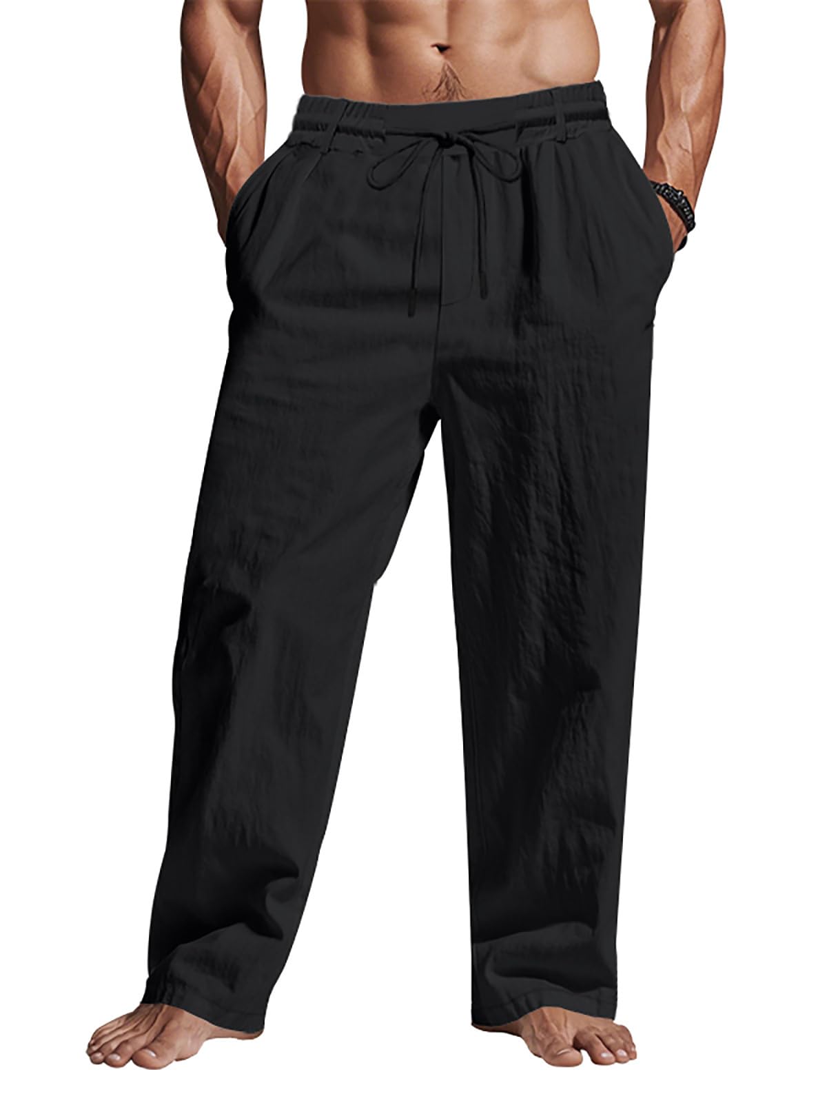 Photo 1 of ?Men's Linen Pants Lightweight Drawstring Elastic Waist Pockets Loose Fit Straight Legs Summer Beach Yoga Black
