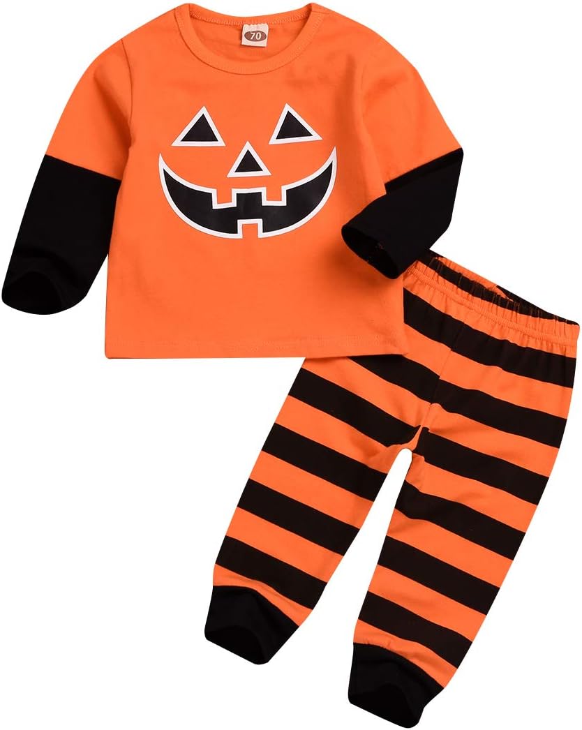 Geagodelia Halloween Newborn Infant Baby Outfit Clothes Pumpkin Long Sleeve Top Sweatshirt Striped Trouser 2Pcs Set