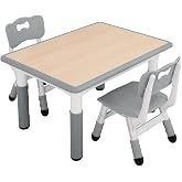 UNICOO Kids Table and Chairs Set, Height Adjustable Toddler Activity Table with 2 Chairs, Plastic Study Desk for Drawing, Crafts, Reading, Snack Time and Playroom, Ages 2-10