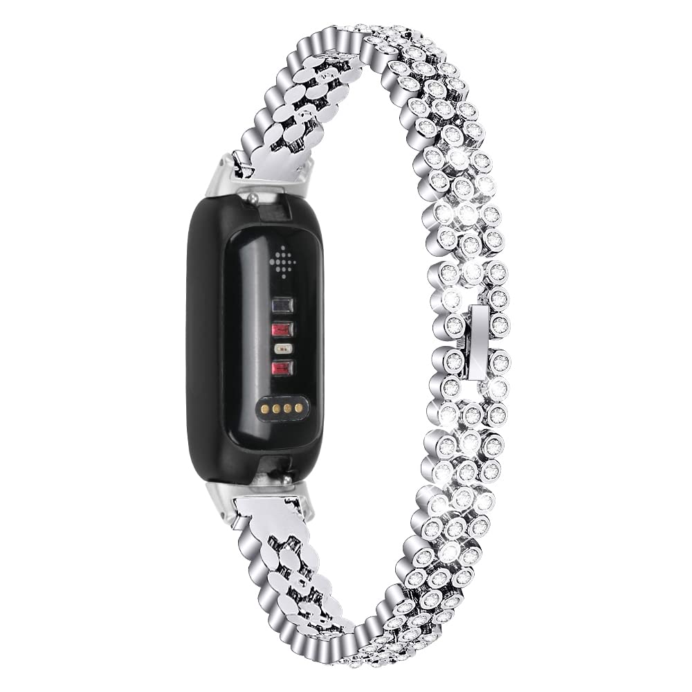 Chofit Replacement Straps Compatible with Fitbit Inspire 3 Strap, Metal Stainless Steel Wristband With Rhinestones Bling Bling Band for Women for Inspire 3 Activity Tracker (Silver)