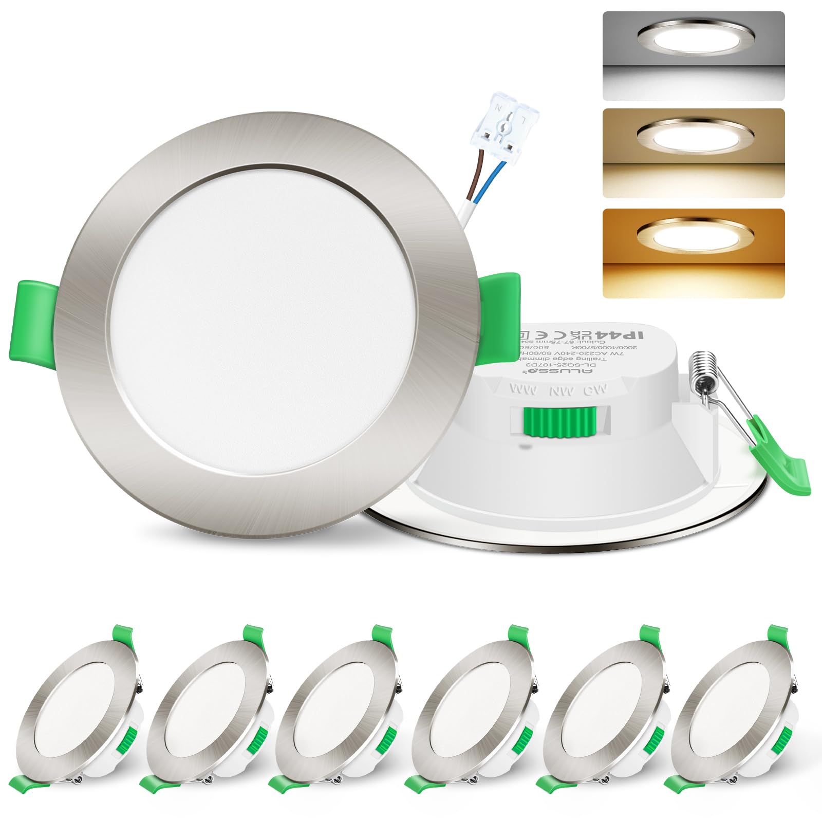 ALUSSO LIGHTING LED Recessed Ceiling Lights 7W Ultra Flat Dimmable Downlights IP44 Spotlights for Bathroom Kitchen, 3000K Warm White 4000K Neutral White 6500K Cool White Adjustable, 6Pack Round Nickel