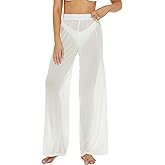 Awoscut Women See Through Sheer Mesh Pants Beach Swimsuit Bikini Bottom Cover up Party Club Elastic High Waist Wide Leg Pants