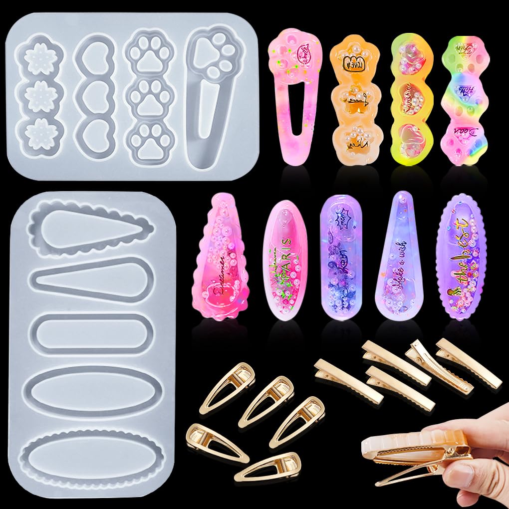FineInno 12 PCS Hair Clip Resin Moulds Kit Shaker Hairpin Silicone Mould Quicksand Jewellery Making Hair Barrettes Epoxy Casting Mould DIY Craft Pendant Bookmark