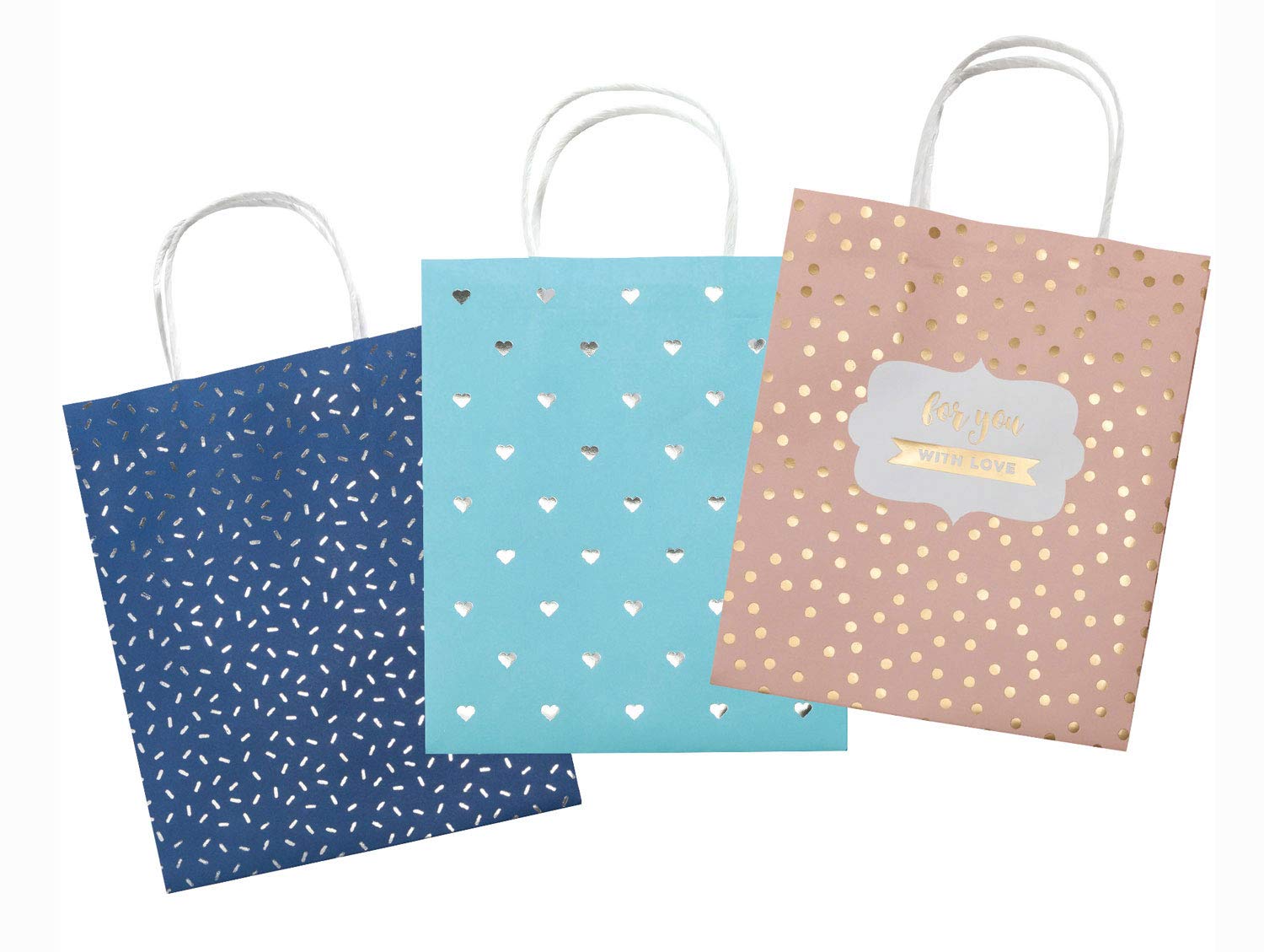 folia 21222 Paper Bags Hotfoil Made of Kraft Paper, Gift Bags with Hot Foil Embossing, Pack of 12, Approx. 12 x 5.5 x 15 cm, Assorted Colours in 3 Designs - for Crafts, Decorating and Gifting