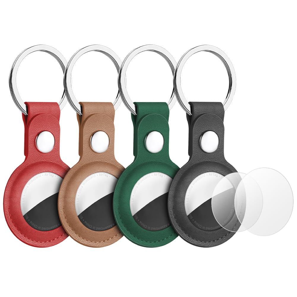 AXFEE Protective Case for Air-Tag, 4 Packs Leather Air-Tag Keyring Case For with 6pcs Protective Film, Holder Case for Air Tag, case Compatible with Apple Air-tag, Air tag Holder (Not Include Air tag)