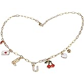 JokZan Initial Charm Necklace for Women Beach Letter A-Z Choker Necklace Gold Charms Pendant Western Cowgirl Cherry Heart Fruit Personalized Name Necklace for Her Trendy Stuff