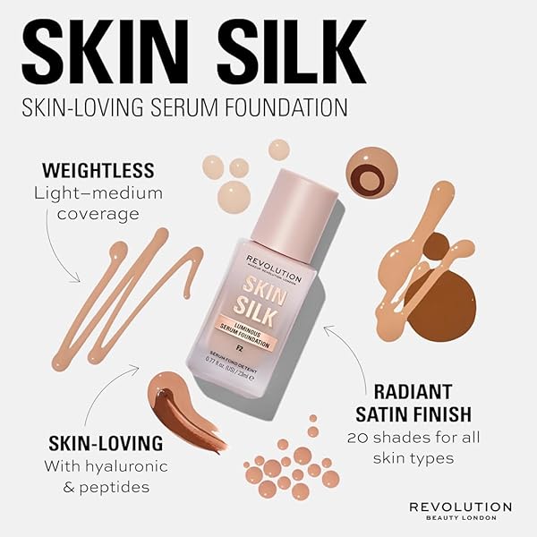 REVOLUTION SKIN SILK RADIANT SATIN SERUM FOUNDATION, BUILDABLE COVERAGE WITH HYDRATING HYALURONIC ACID FOR A NATURAL FINISH, VEGAN & CRUELTY-FREE, F12C TAN SKIN TONES, 0.77 FL OZ