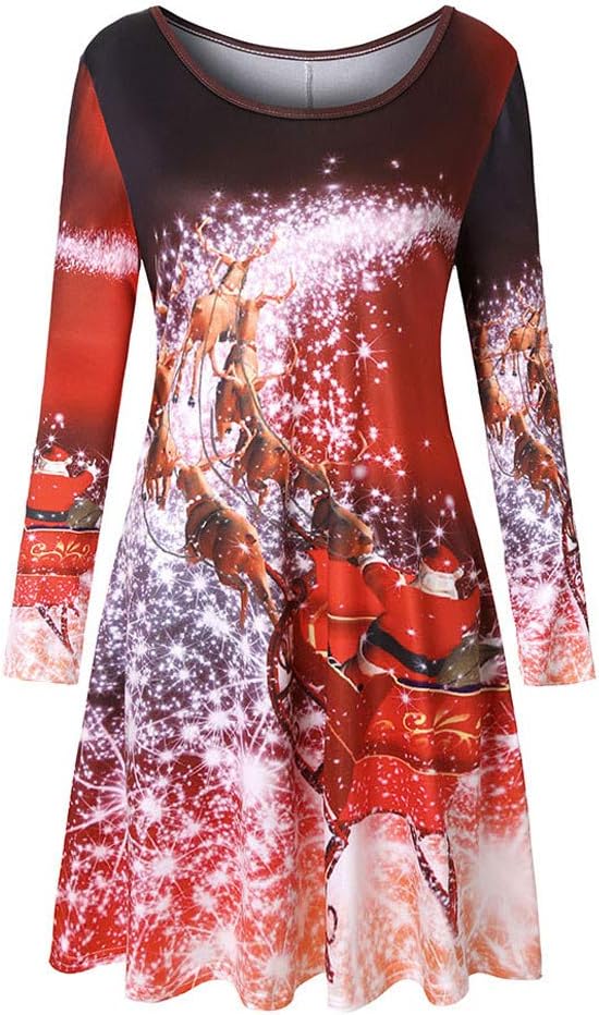 Women Christmas Vintage Long Sleeve Round Neck Elk Print Evening Party Dress