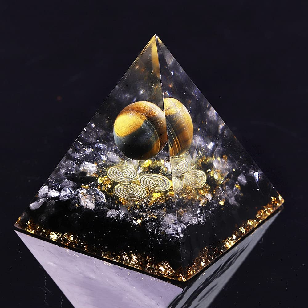 TAMHOPE Black Obsidian Pyramid Tiger Eye Pyramid Aura Quartz Divination,Yoga Meditation Resin Handicraft EMF Protection Home Ornaments(Extra Large,8CM)