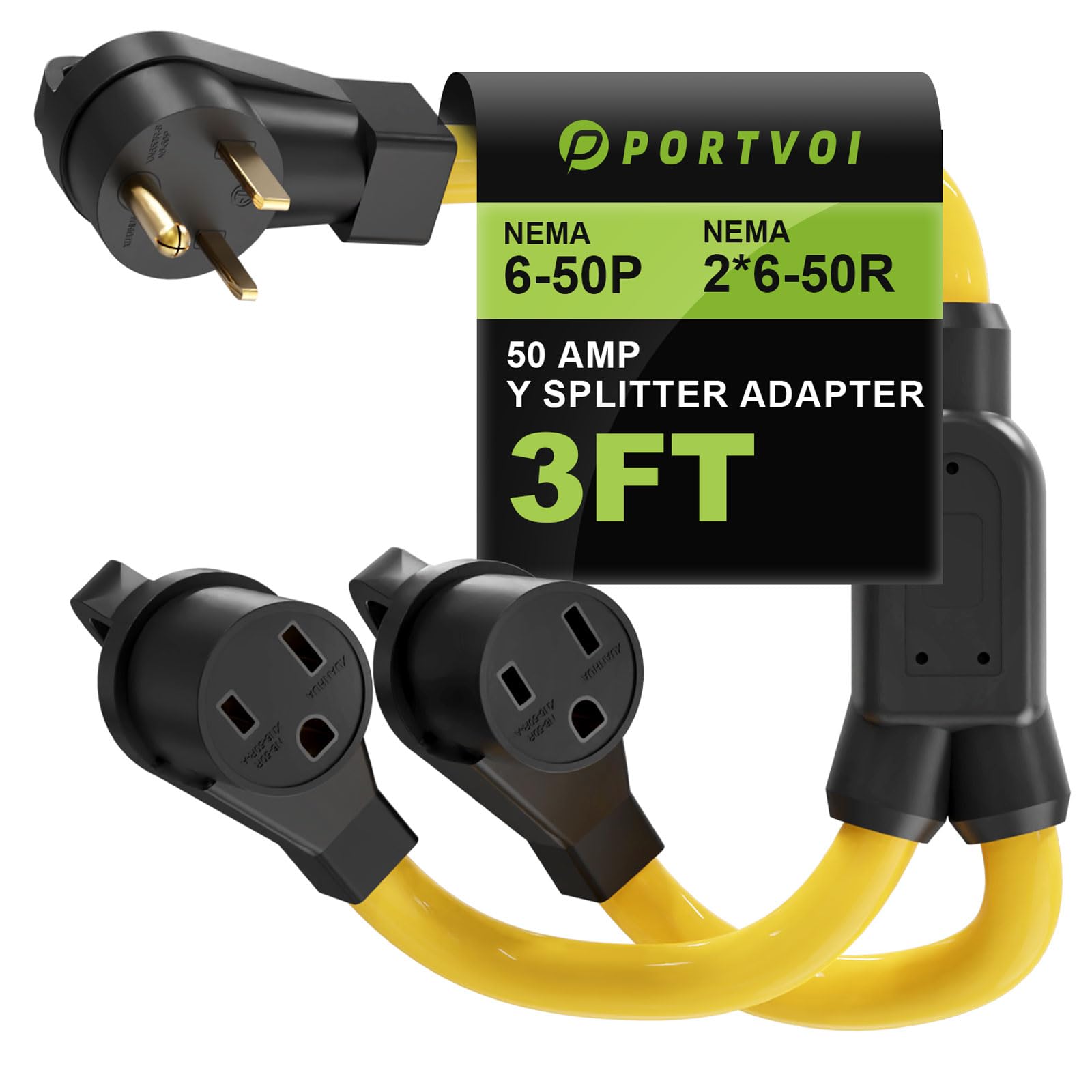 Photo 1 of Portvoi 50 Amp Welder Splitter Adapter Cord, 3 Prong 250V NEMA 6-50 Male Plug to 2X 6-50R with Grip Handle, ETL Listed Heavy Duty STW 6 AWG 3FT Extesion Cord Splitter for Welder EV Charger