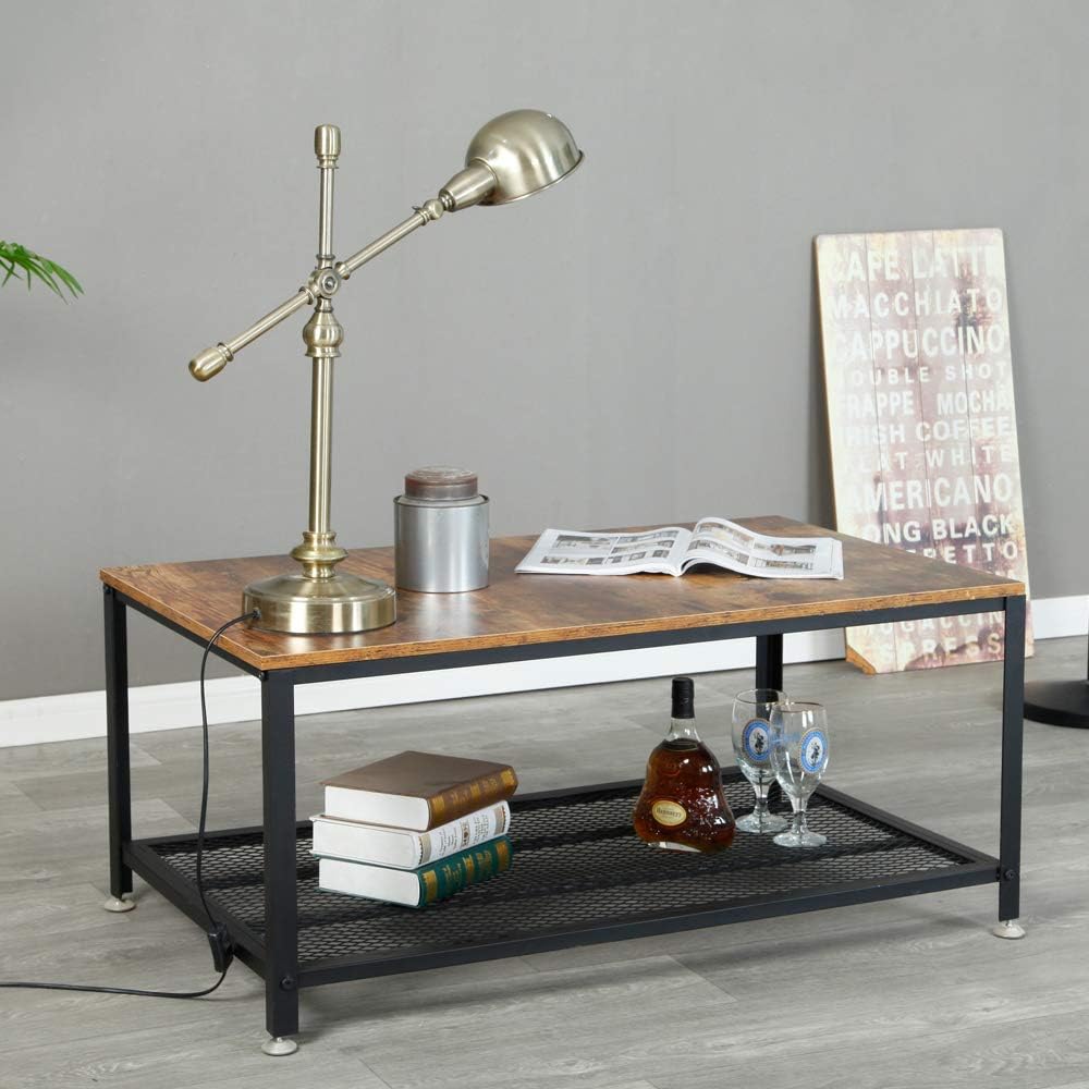 Industrial Coffee Table for Living Room, 2-Tier Tea Table with Storage Shelf TV Stand Side End Table, Accent Furniture for Home Office