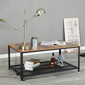 Industrial Coffee Table for Living Room, 2-Tier Tea Table with Storage Shelf TV Stand Side End Table, Accent Furniture for Home Office