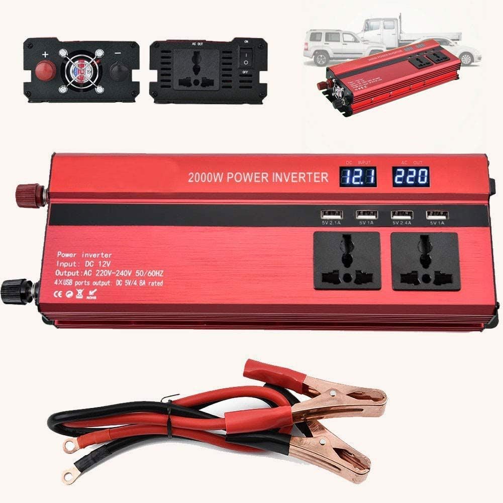Car Power Inverter Pure Sine Wave DC 12V to 220V AC Solar Power Converter with LCD Display Dual AC Outlets and 4-USB Car Charger for Home Laptop Truck, 2000W