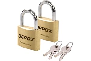SEPOX® 2 Pcs Pack Premium Solid Brass Padlock with Same Keys 4 Pcs, Outdoor Waterproof & Heavy Duty,Size 40mm 1-9/16",Key with Big Handle, Keyed Alike for gate, Gym Locker, Hasp, Tool Box