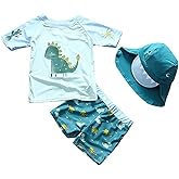 Baby Toddler Boys Two Pieces Swimsuit Set Swimwear Dinosaur Bathing Suit Rash Guards with Hat UPF 50+