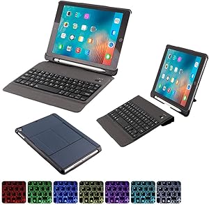 iPad Keyboard Case for iPad 2018 (6th Gen) - iPad 2017 (5th Gen) - iPad Pro 9.7 - iPad Air 2 & 1 - Thin & Light - Pencil Holder - Wireless/BT - Backlit 7 Color - iPad Case with Keyboard(Navyblue)