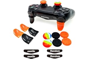 ASOKEX L2 R2 Triggers Ps4 (2 Pairs Trigger Extender,6Pcs Thumbstick Grips, 2 Pairs LED Light Bar Decal) for Ps4 Dualshock Controller(Black&Orange)