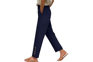 Women's Casual Cropped Pants Drawstring Elastic Waist Summer Loose Ankle Work Trousers Cuffed Hem Slacks with Pockets