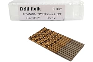 DRILL HULK Pack of 12, 3/32-Inch Titanium Nitride Coated Drill Bit, Premium M2 High Speed Steel, Jobber Length, for Metal, Plastic, Wood