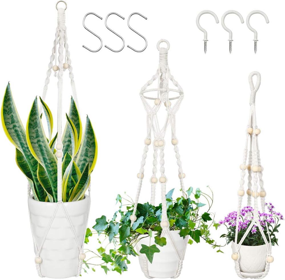 Virgooer 3 Pack Macrame Plant Hangers Indoor Hanging Planters with 6 Hooks, Handmade Cotton Rope Hanging Plant Holder with Beads for Boho Home Décor (3 Sizes, 4 Legs): Kitchen & Dining