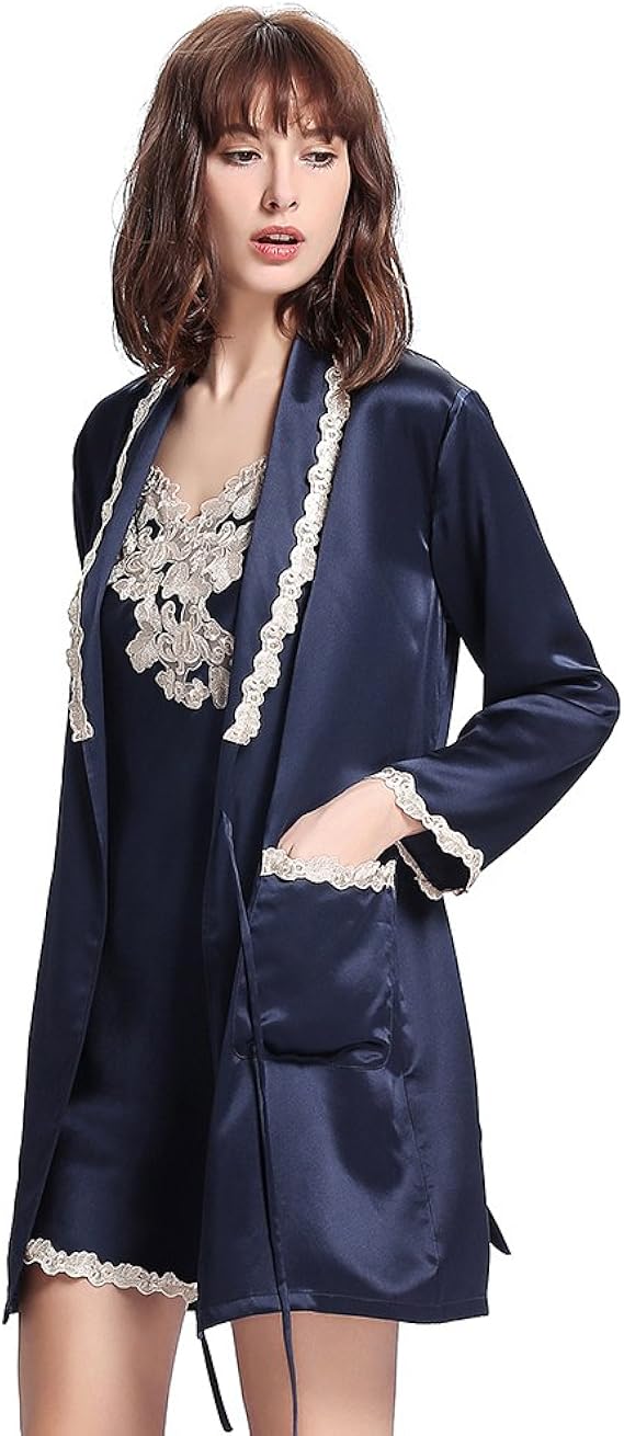 Amazon Lilysilk リリーシルク レディース シルクのローブ レース付き ルームウエア ナイトウェア 高級シルク100 ギフトにも最適 Oeko認証済み 2点セット 22匁 パジャマ ルームウェアセット 通販