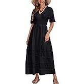 S. Adriana Boho Maxi Dress for Women 2025 Summer V Neck Lace Wedding Guest Dress Smocked Waist Bohemian Long Flowy Dresses