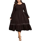 Plus Size Maxi Dress for Women Wedding Guest Fall Smocked Long Sleeve Round Neck Empire Waist Flowy Ruffle Dress 1XL~4XL