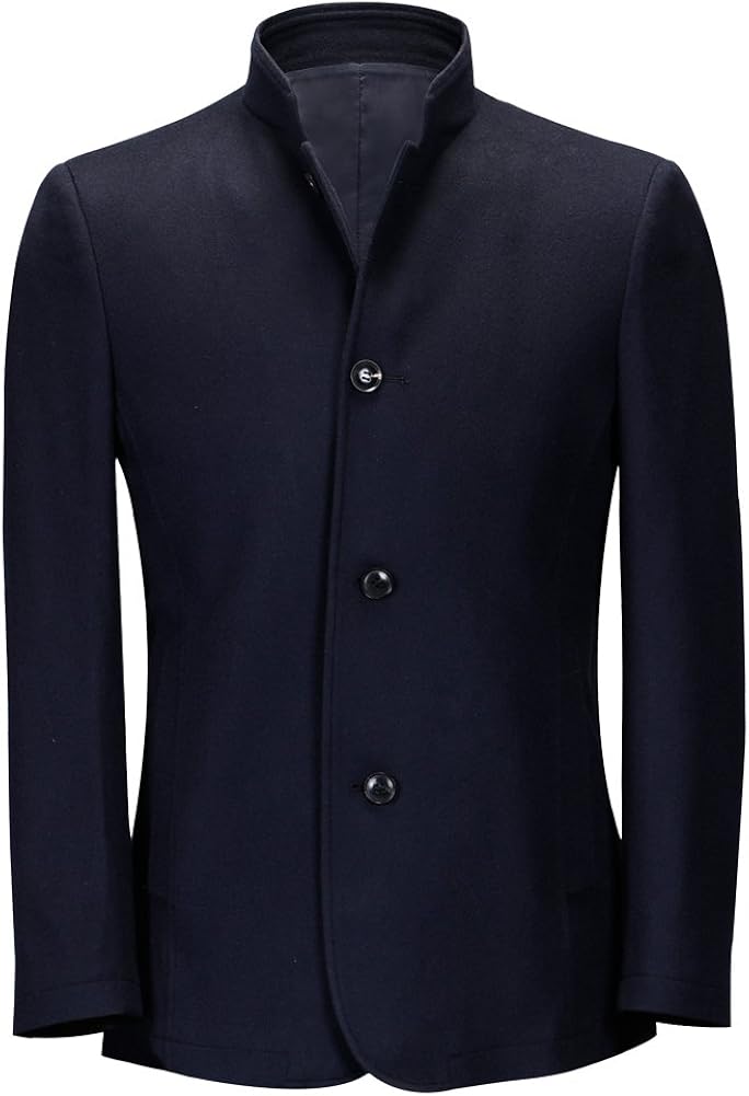Ding Tong Men's Wool Cashmere Jacket Mandarin Collar Slim Dark Blue
