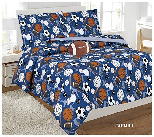 8 Piece Full Size Kids Boys Teens Comforter Set Bed in Bag w/Shams, Sheet Set & Decorative Toy Pillow, Sports Balls Volleyball Print Blue Comforter Bedding Set w/Sheets, Full 8pc Sports