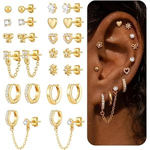 Suarlly Hypoallergenic Small Gold Stud Earrings for Women 14K Gold Plated CZ Chain Hoops Hypoallergenic Earrings Dainty Clove