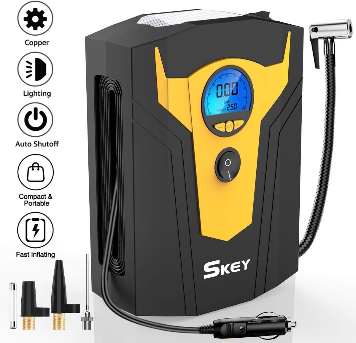 SKEY Digital Tyre Inflator, Car Tyre Pump, 12V 150 PSI Tire air Pump with LED Light for Cars/Motorcycle/Bicycle Tires and Other Inflatables,Auto Shut Off with LCD Digital Display. (Black)