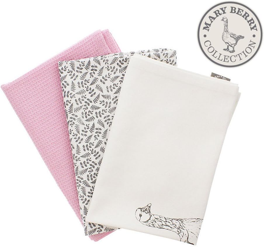 Mary Berry Tea Towel Set of 3 Goose & Fern Design 100% Cotton Great British Bake Off