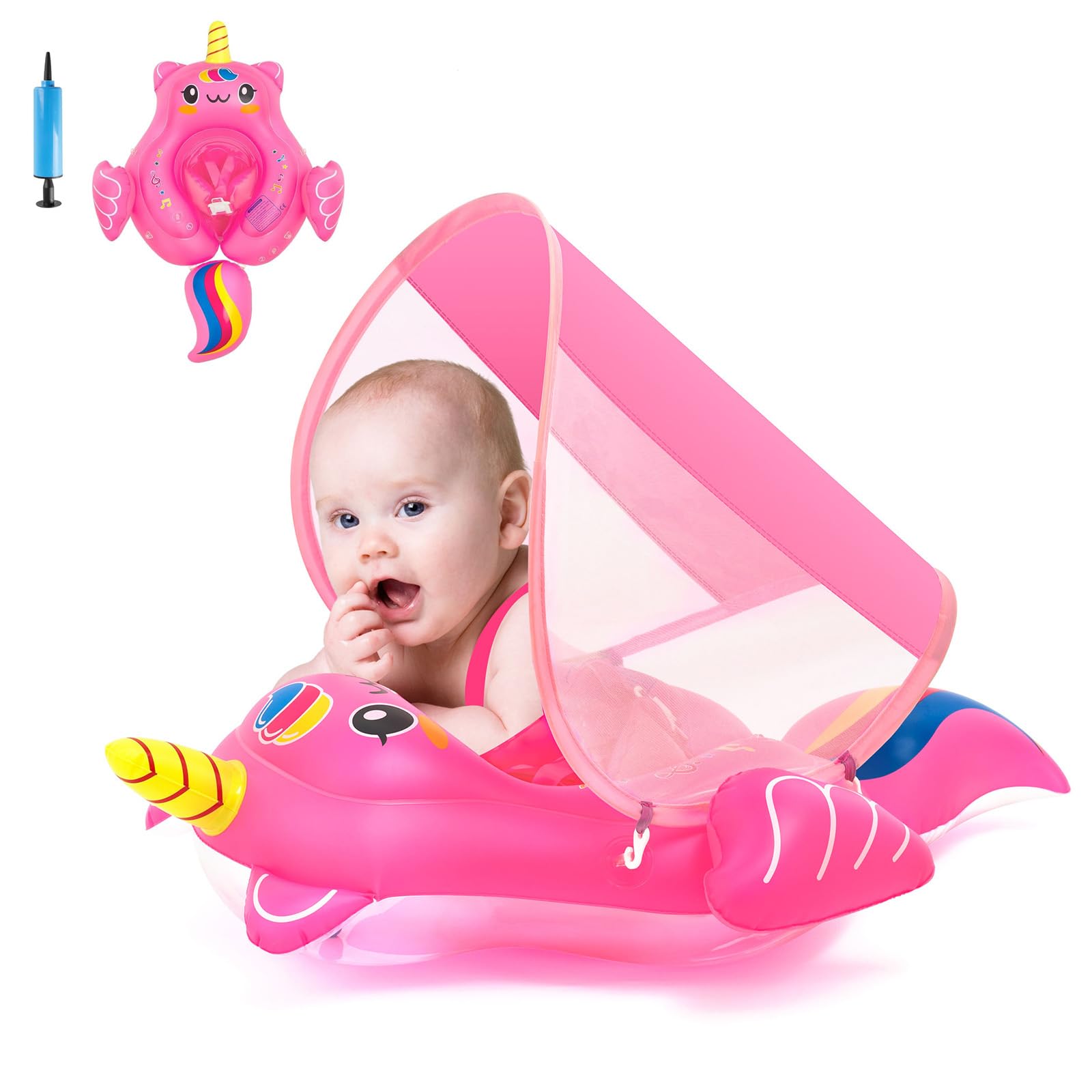 Unicorn Inflatable Baby Float with Canopy 3-6-12 Months Baby Girl Infant Toddler Baby Pool Float Baby Swimming Float Ring, Baby Inflatable Seat Swimming with Shade Canopy for 6-12-18-36 Months