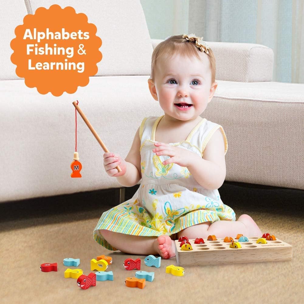 Coogam Wooden Magnetic Fishing Game, Fine Motor Skill Toy ABC Alphabet Color Sorting Puzzle, Montessori Letters Cognition Preschool Gift for Years Old Toddler Kid Early Learning with 2 Pole: Furniture & Decor