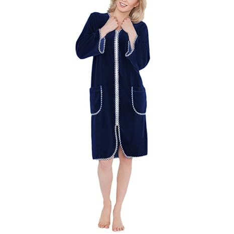 Aquarti Damen Hausmantel Kurz Velours Reißverschluss 3/4 Arm