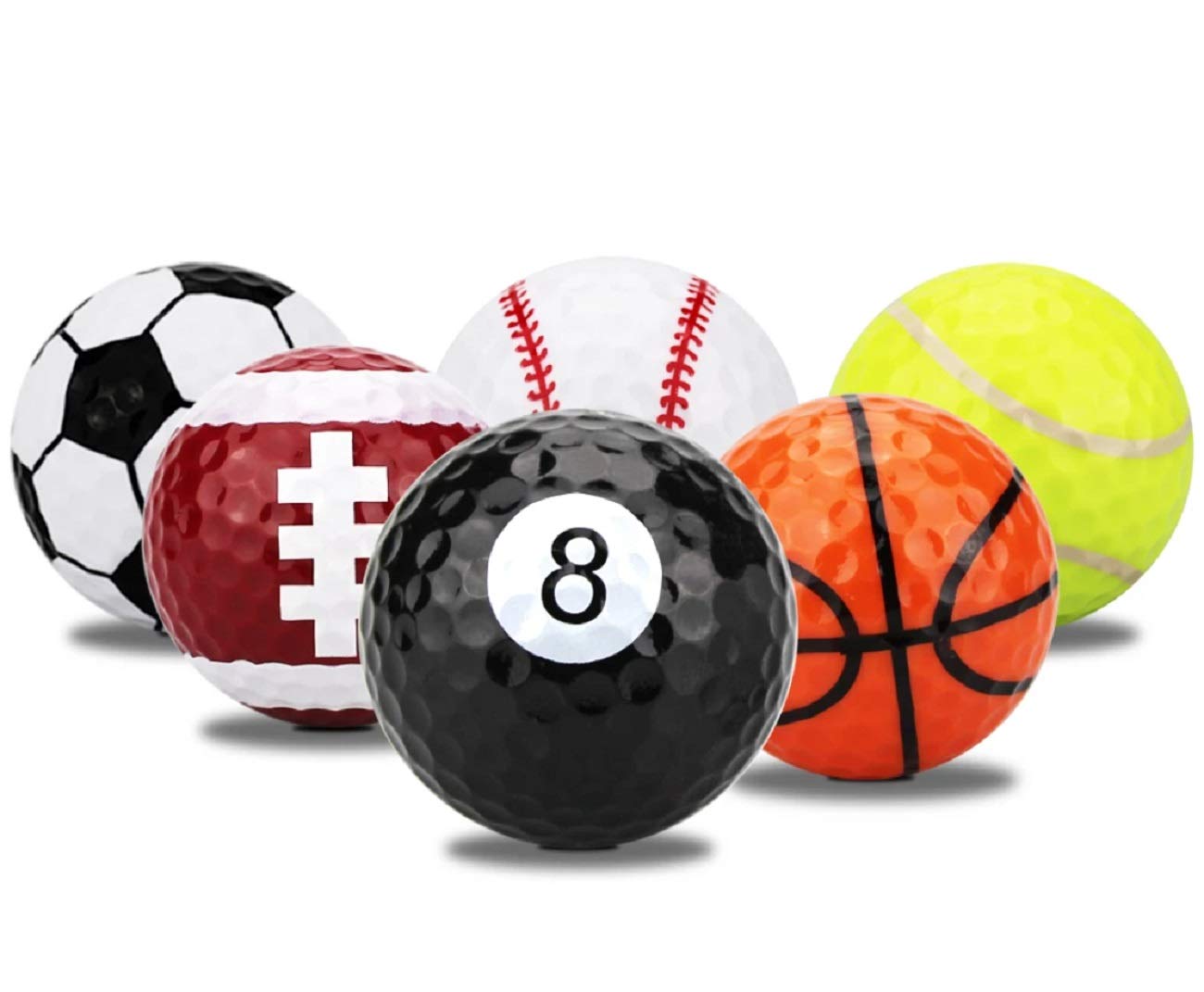 LL-Golf® Set of 6 sports golf balls in football, basketball, baseball, billiard, amercian football and tennis design/golf present gift
