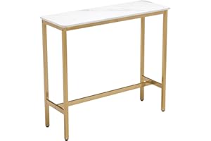 Aklaus 40" Bar Table,Rectangular Industrial Bar Height Table with Sturdy Gold Metal Frame White Faux Marble Top,Pub High Top Console Dining Table for Dining Room Living Room Entryway