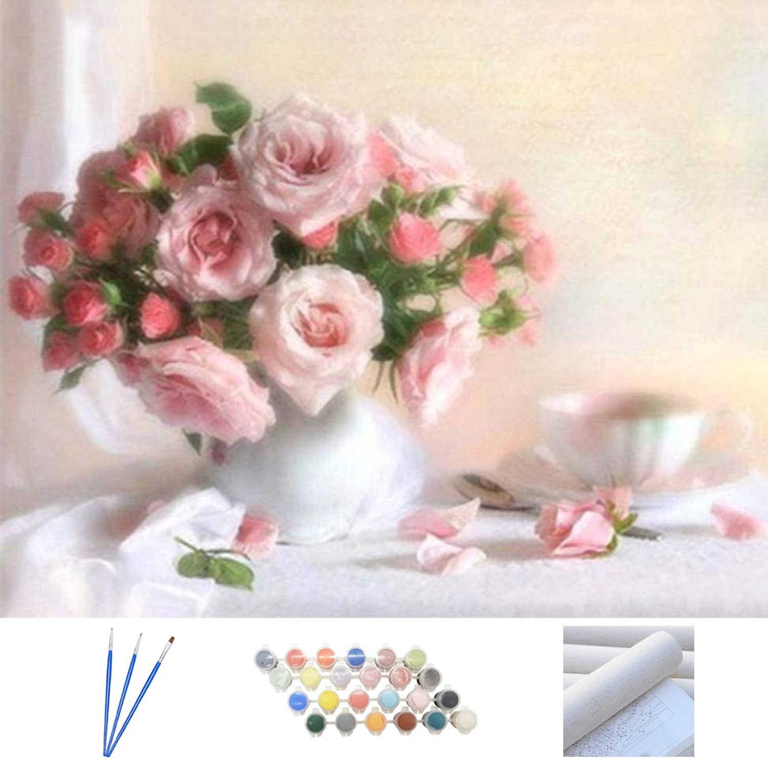 ABEUTY DIY Fabric Decorating Kits, Paint by Numbers Plant Vase 16x20 inches Number Painting Wall Art (Roses, No Frame)